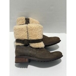 UGG Blayre Leather‎ Shearling Moto Boots Brown Buckle Ankle Winter Boots US 9.5